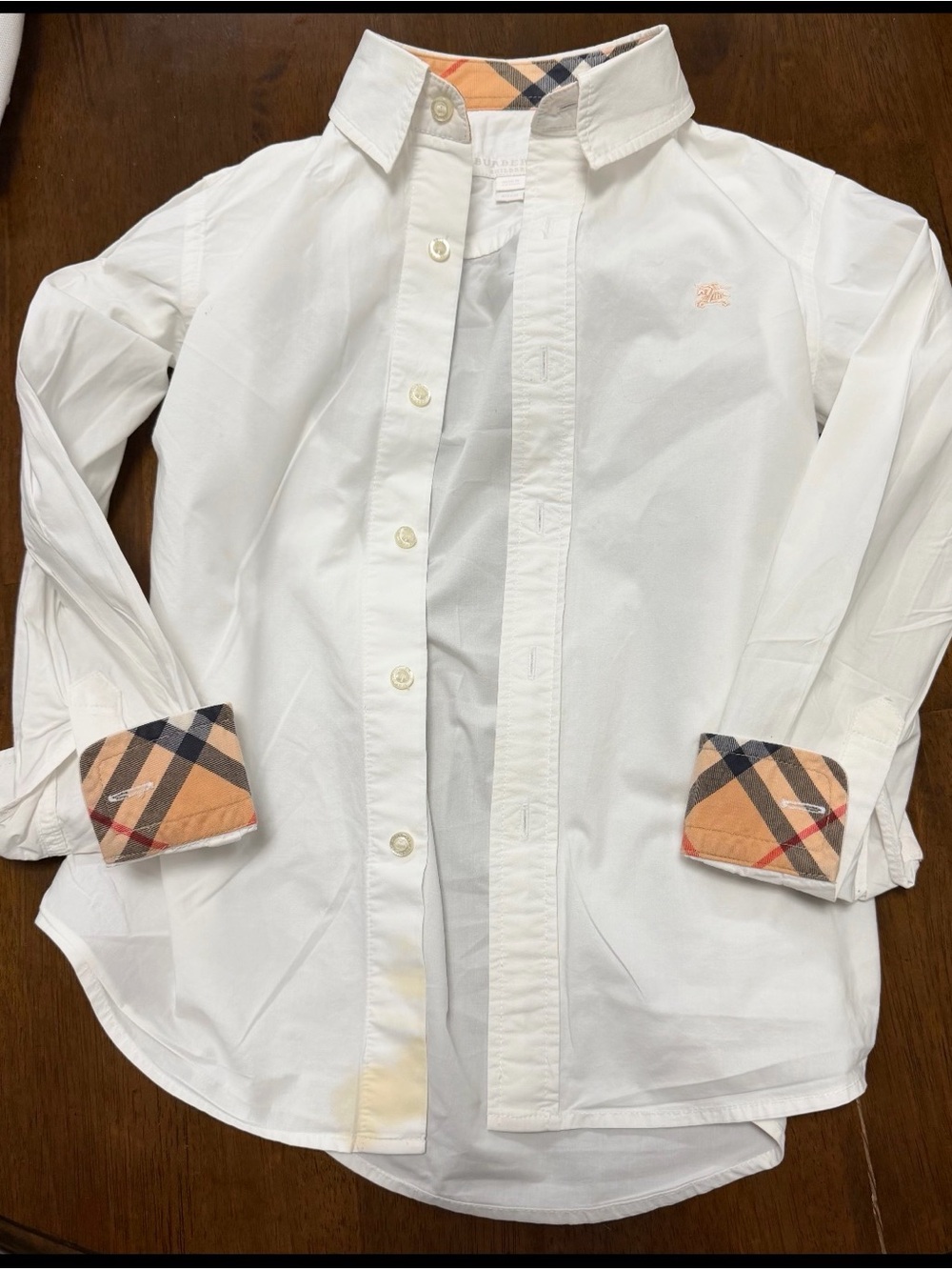 Burberry size  boys 7 White Boys' Long-Sleeve Button-Down Shirt with Plaid Trim